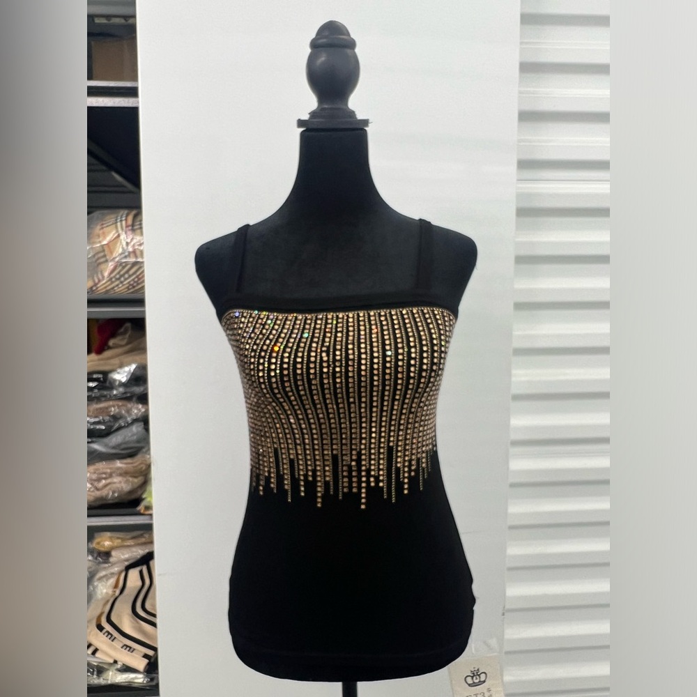 Women Rhinestone Black Tank Top